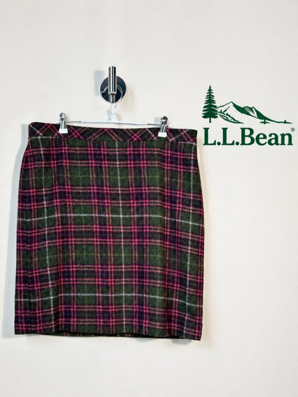 L.L. Bean Vintage 100% Wool Plaid Tartan Midi Skirt Green Pink - SIZE 14 -NWT